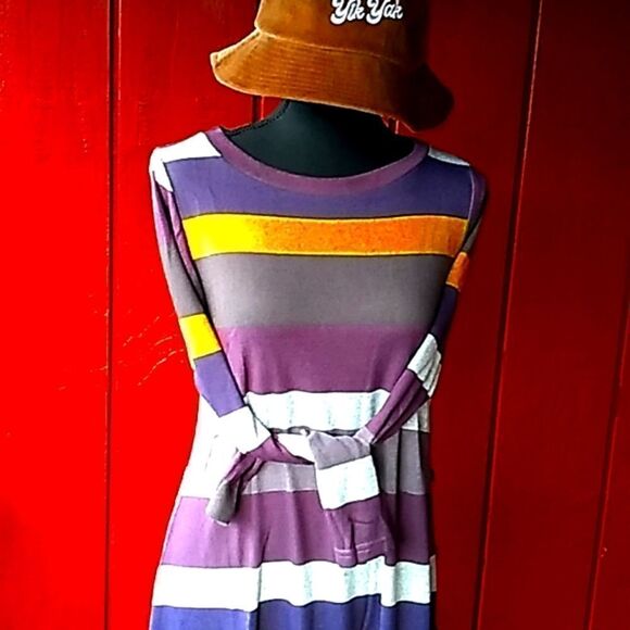 Korsis grunge stripe asymmetrical hem button side sweater dress - Picture 1 of 15